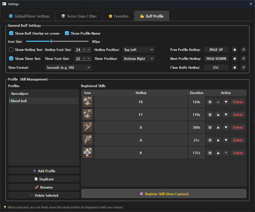 Buff Profile Settings Screen